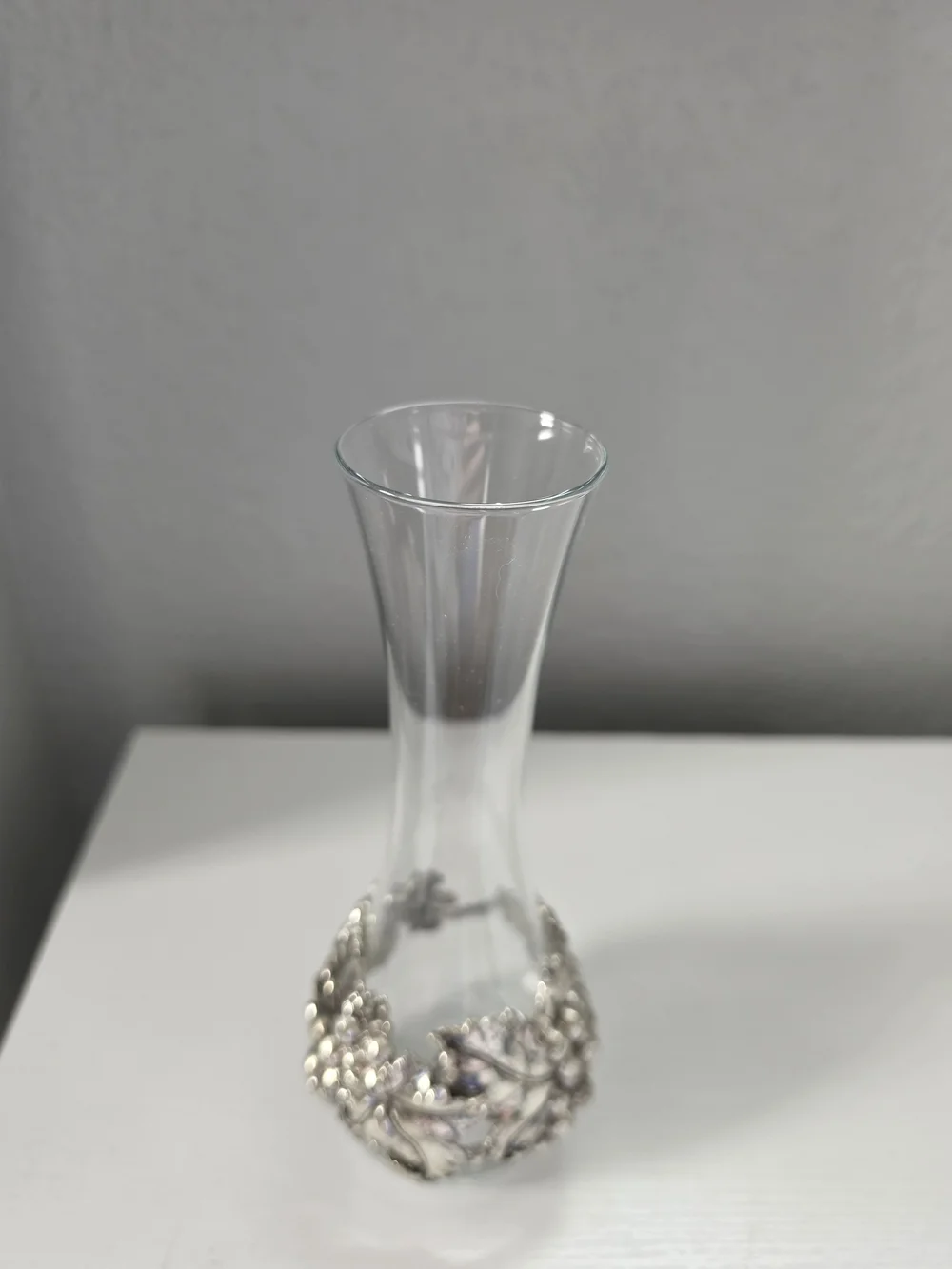 Arthur Court Clear Glass Bud Vase with Silver Grape Motif